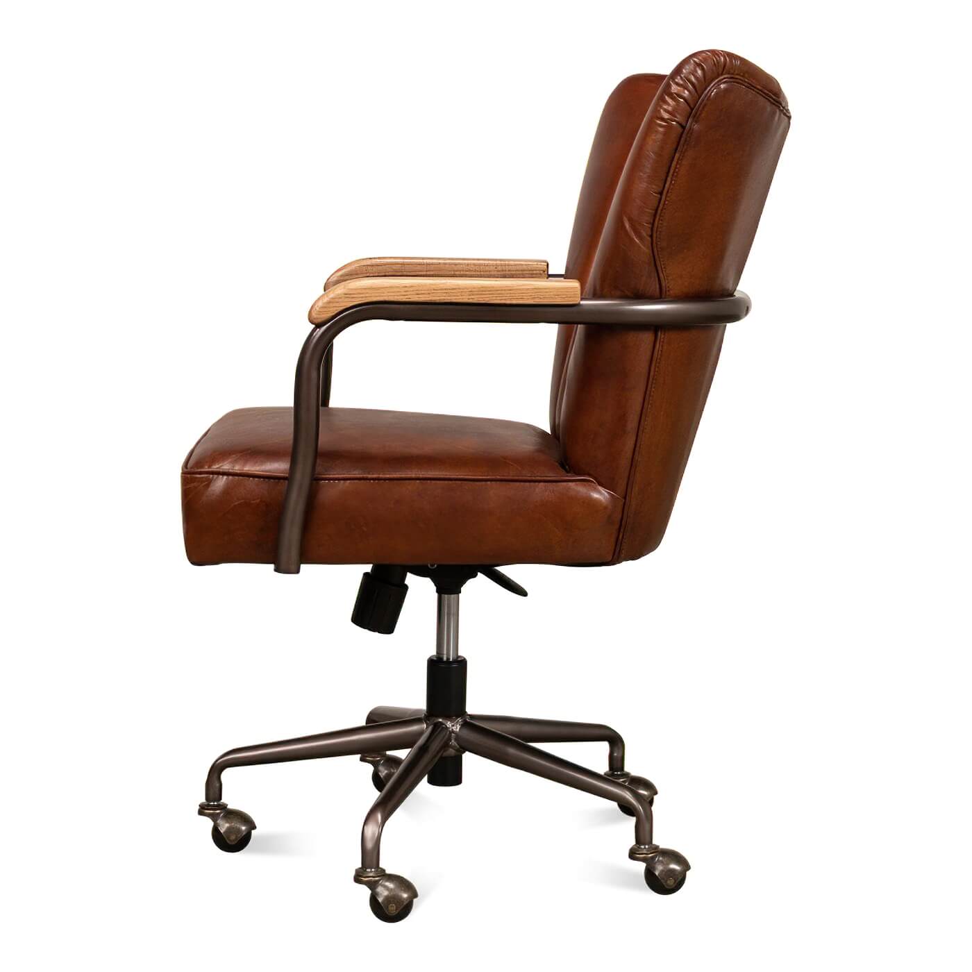 Side profile of leather desk chair, wooden armrests visible.