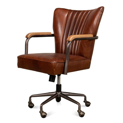 Brown leather desk chair, front-side view with wheels.