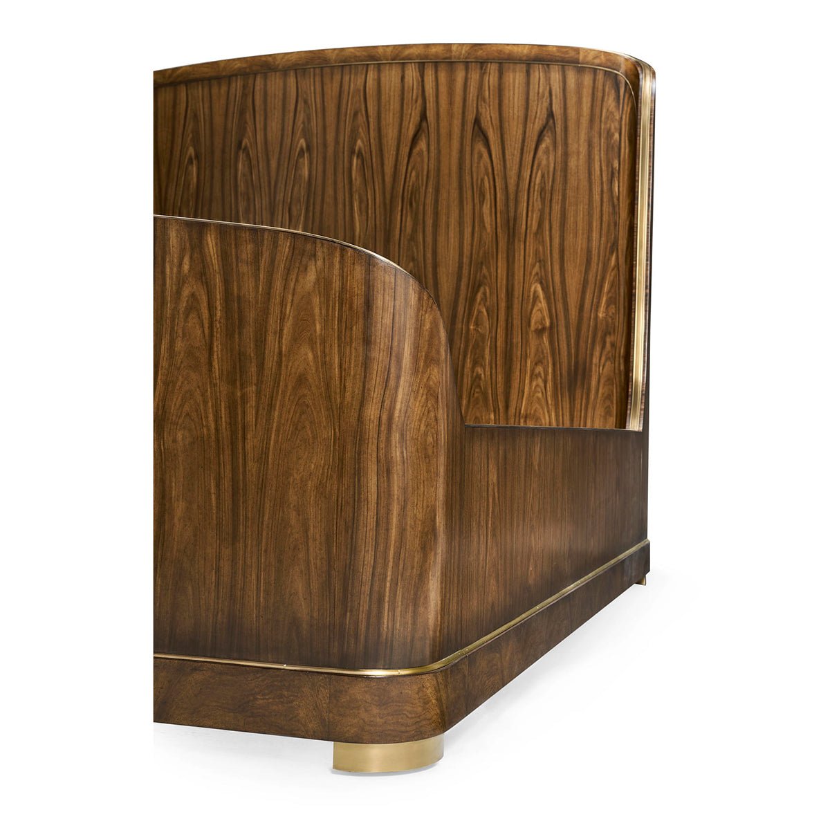 Close-up of corner detail on wooden king bed.