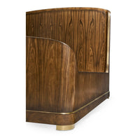 Close-up of corner detail on wooden king bed.