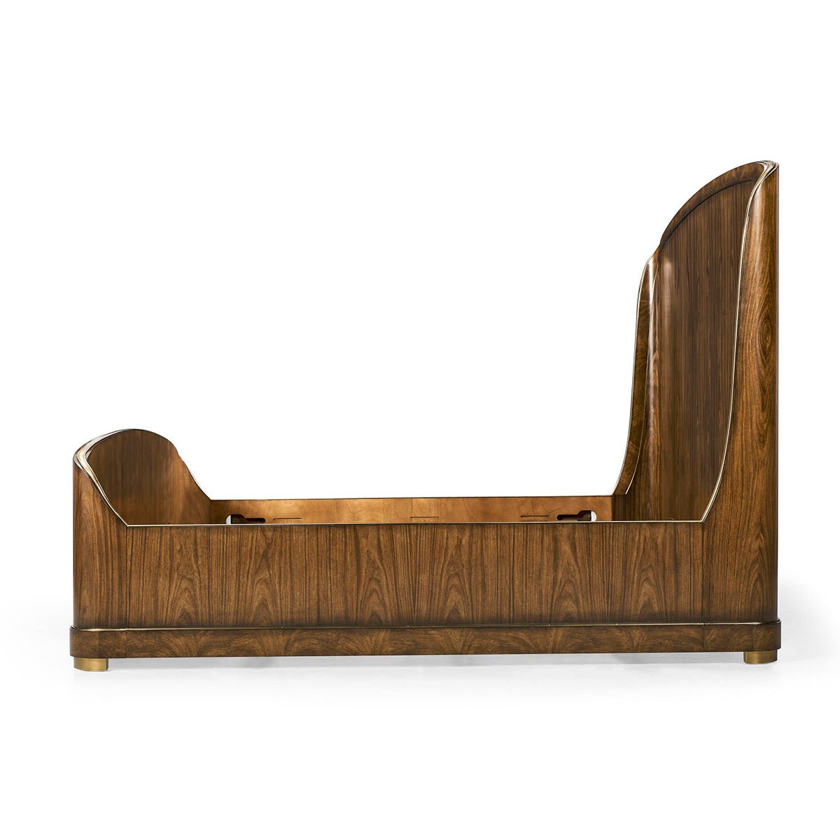 Side view of empty wooden king bed frame.