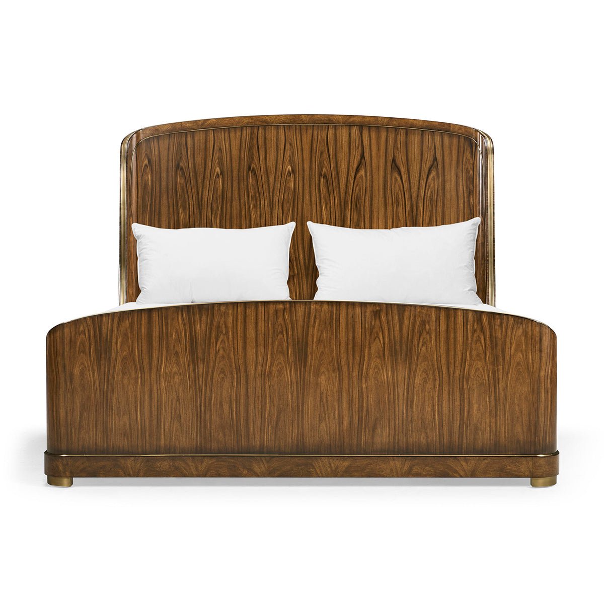 Front view of wooden king bed with headboard detail.