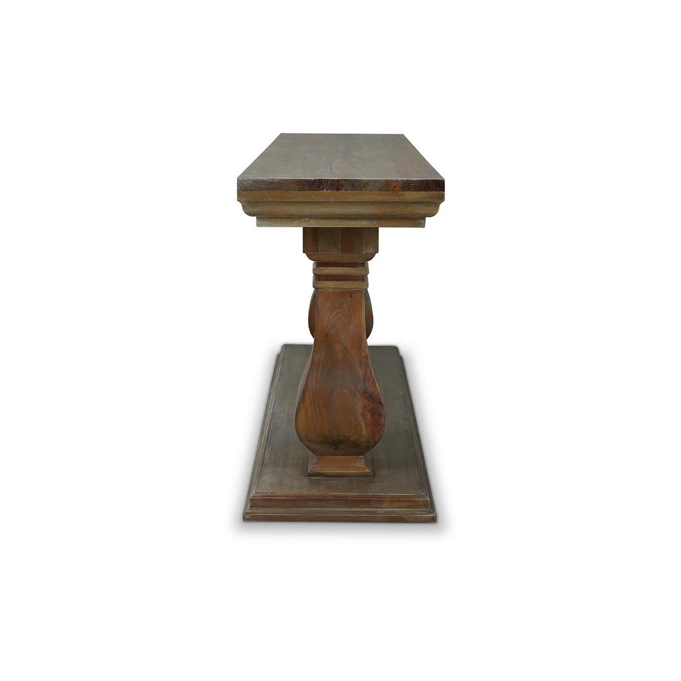 Side view of wooden console table's carved legs.