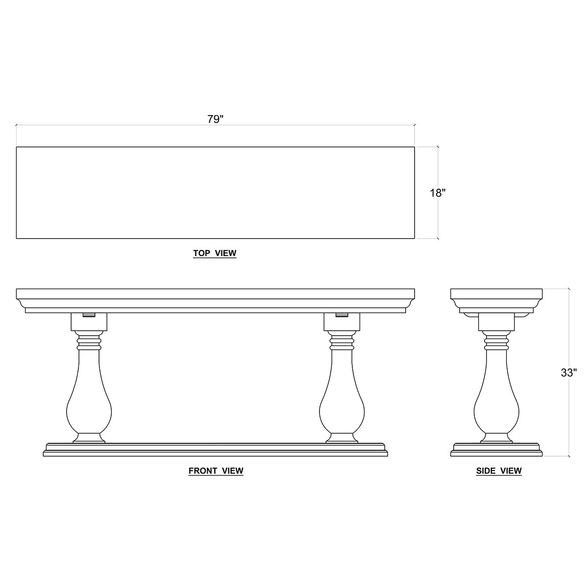 Diagram of wooden console table with dimensions shown.