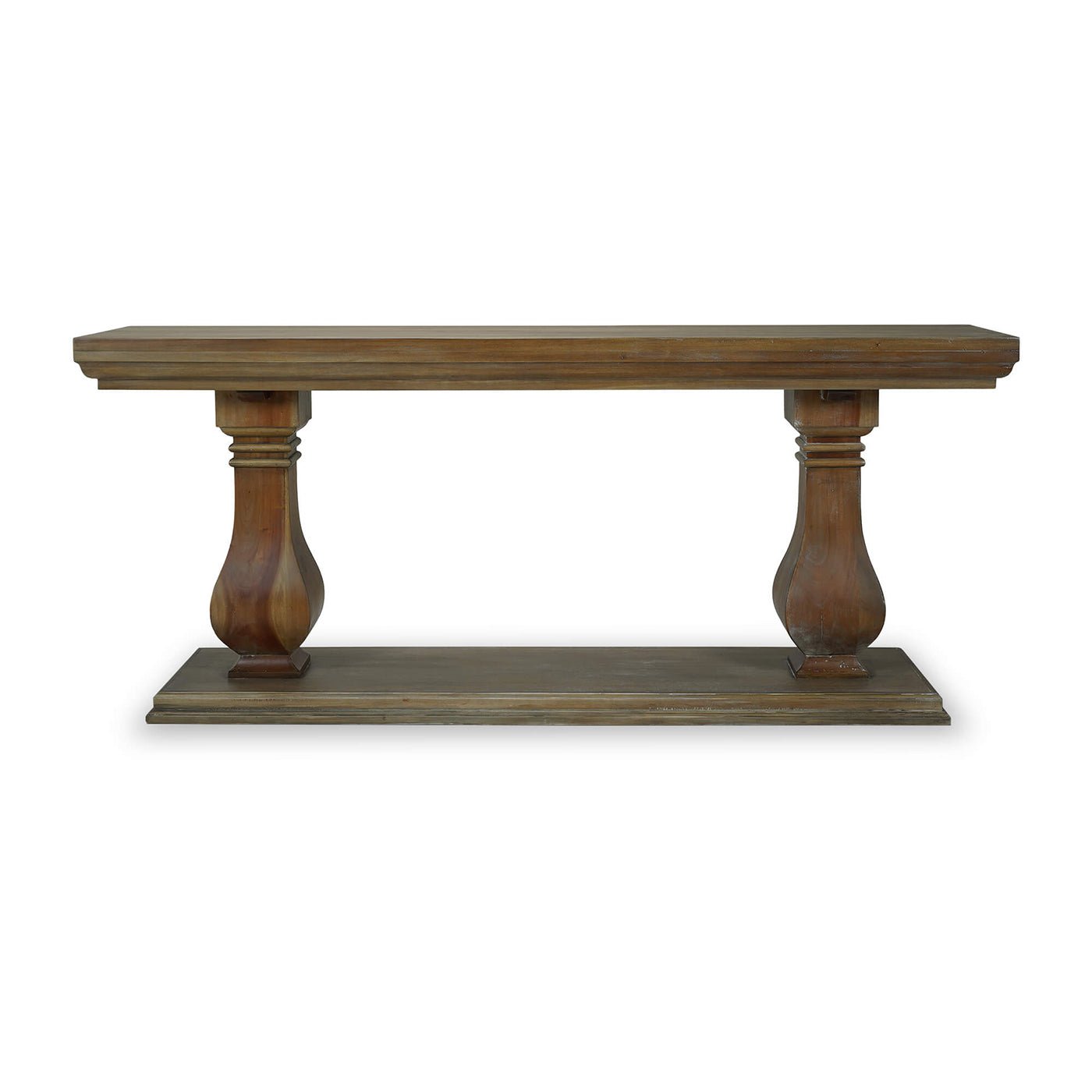 Straight view of wooden console table with detailed legs.