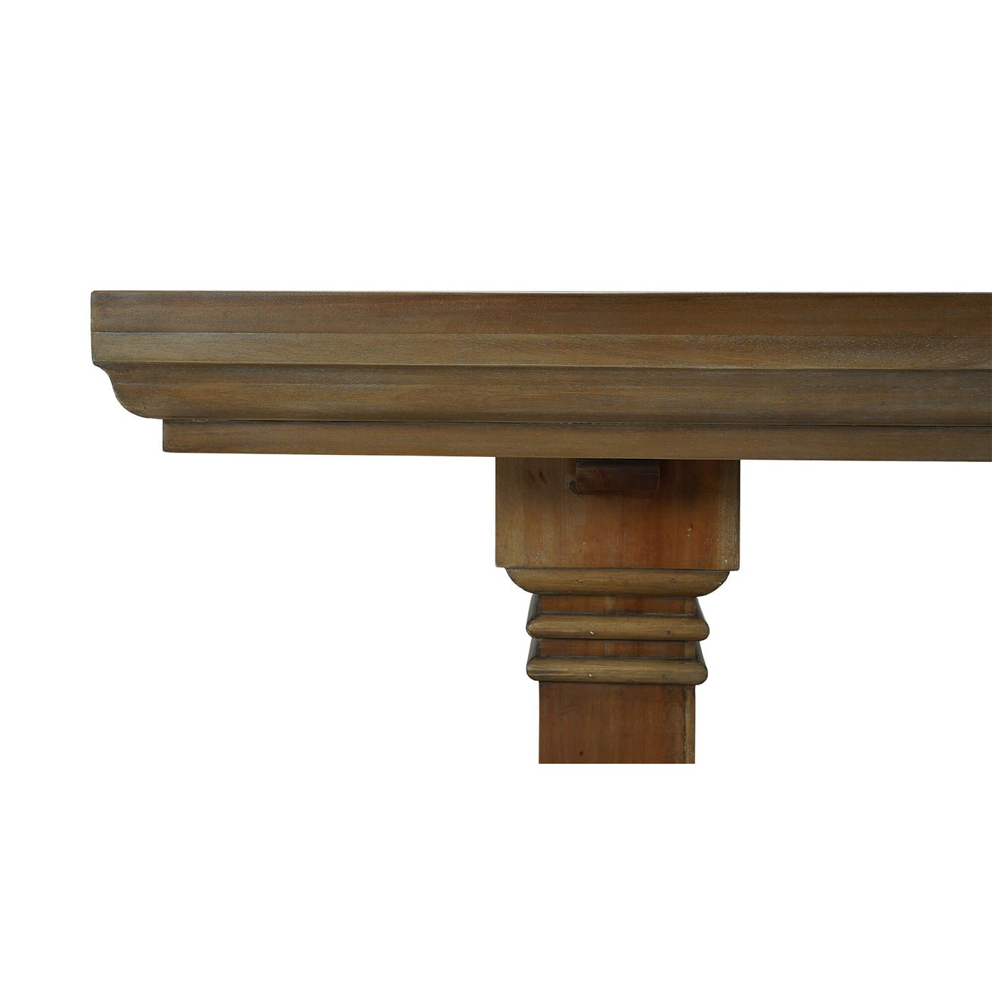Close-up of console table's edge and leg detail.