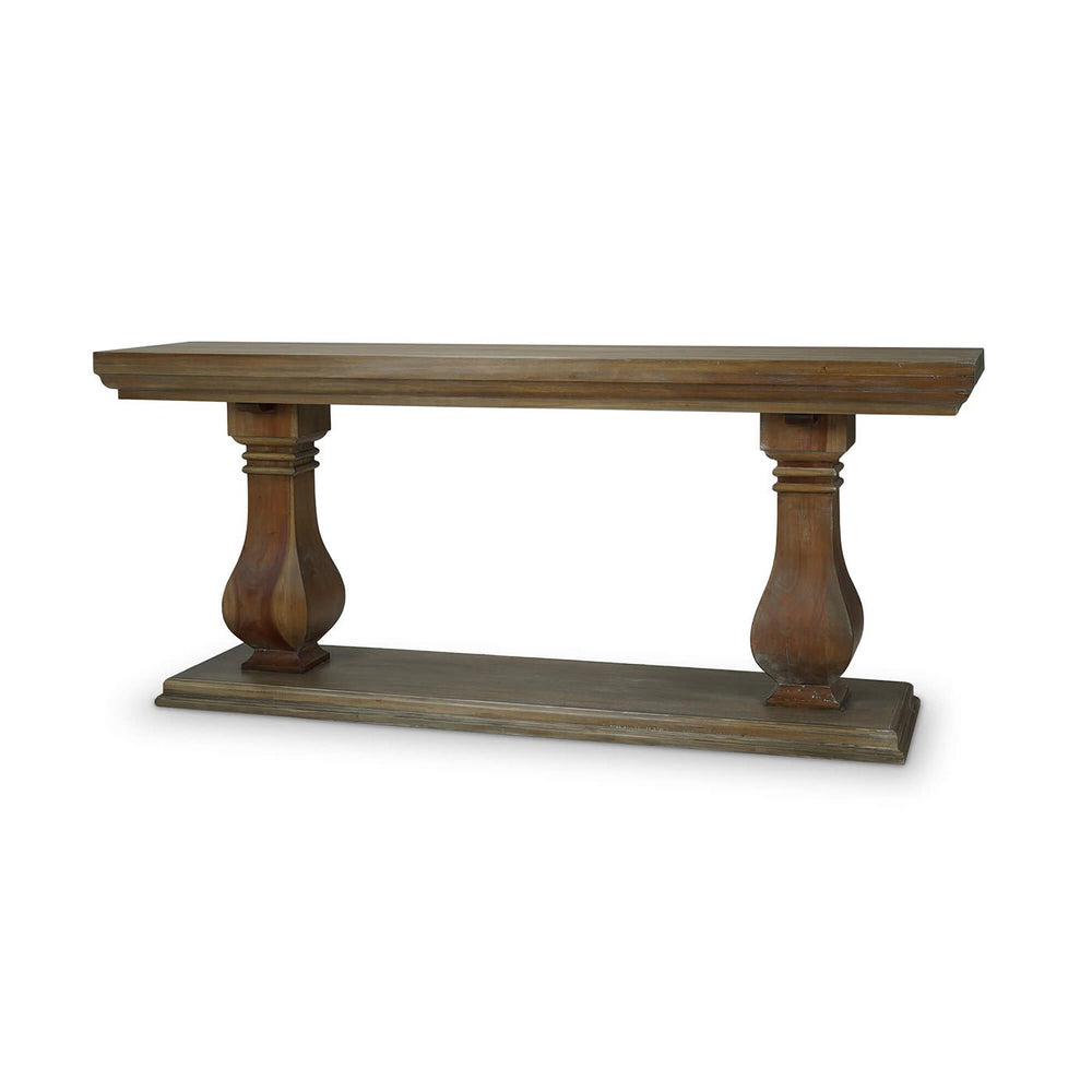 Wooden console table with ornate legs, angled view.