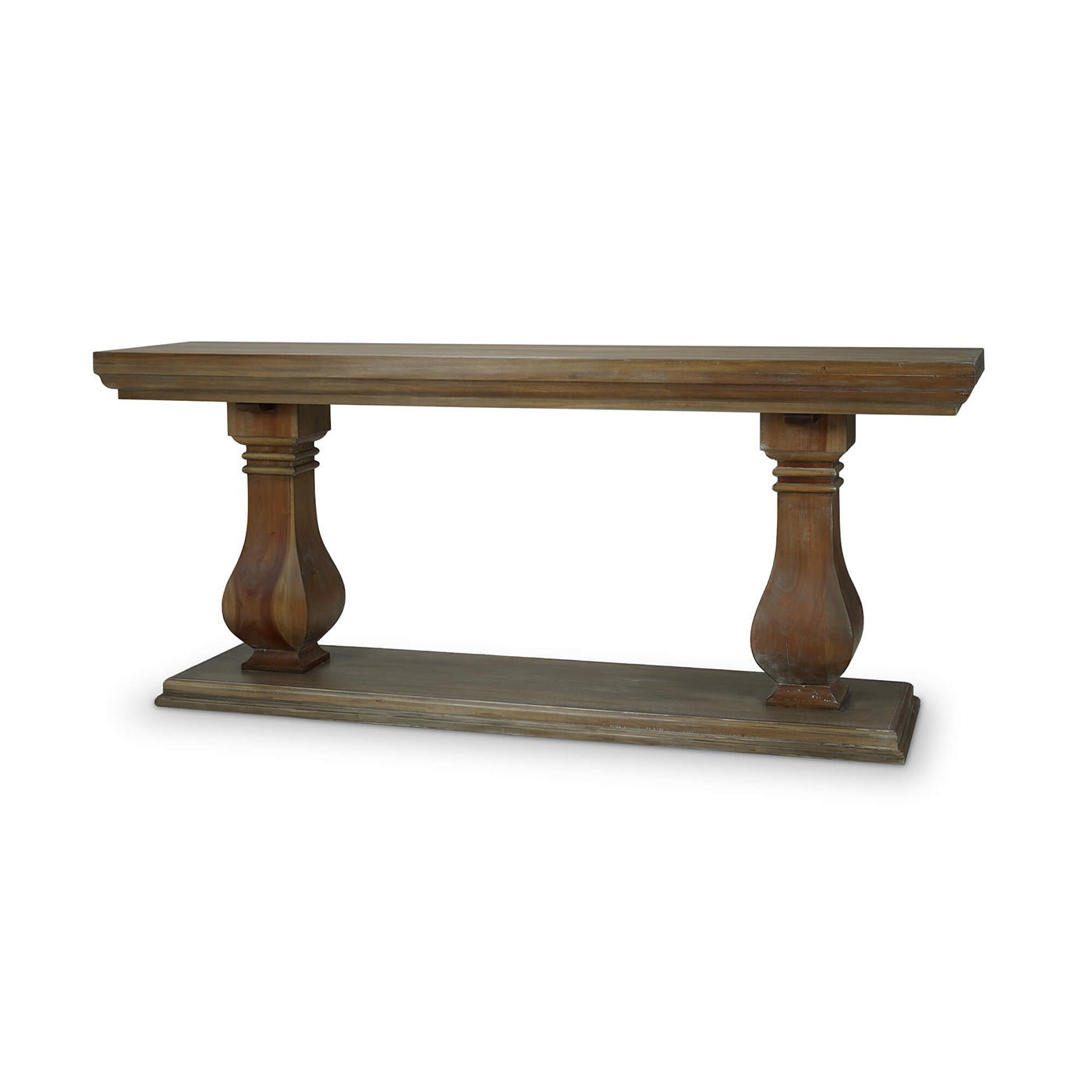 Wooden console table with ornate legs, angled view.