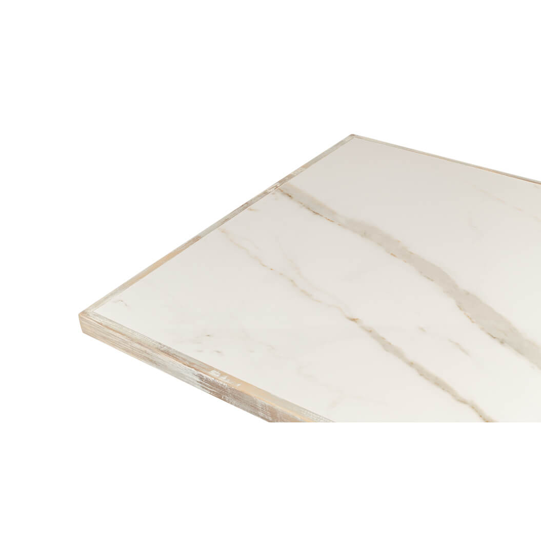 Close-up of marble tabletop on dining table.