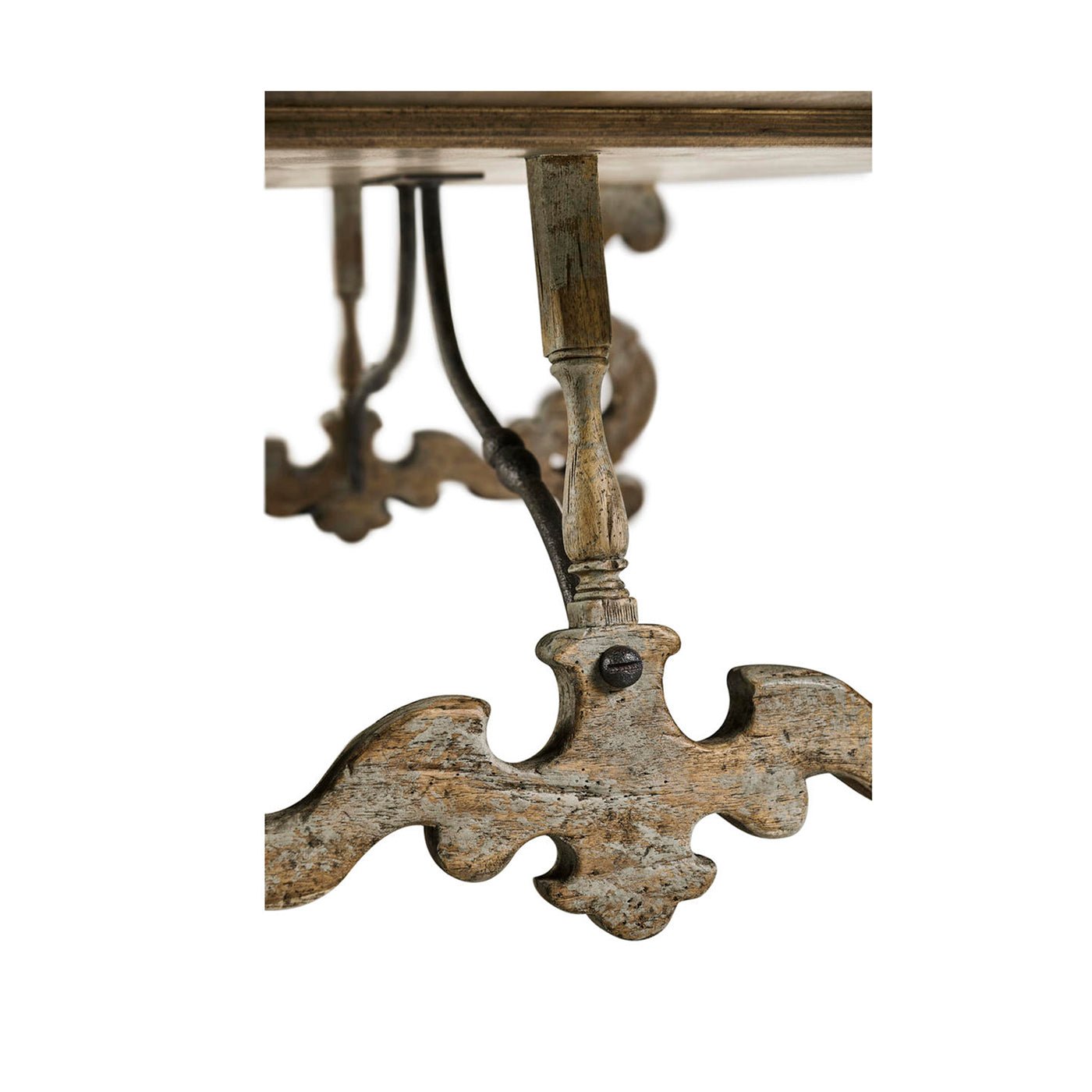 Intricate leg detailing on Italian Baroque oak coffee table.