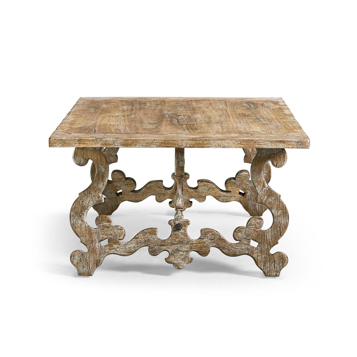 Side view, detailed leg design on oak coffee table.