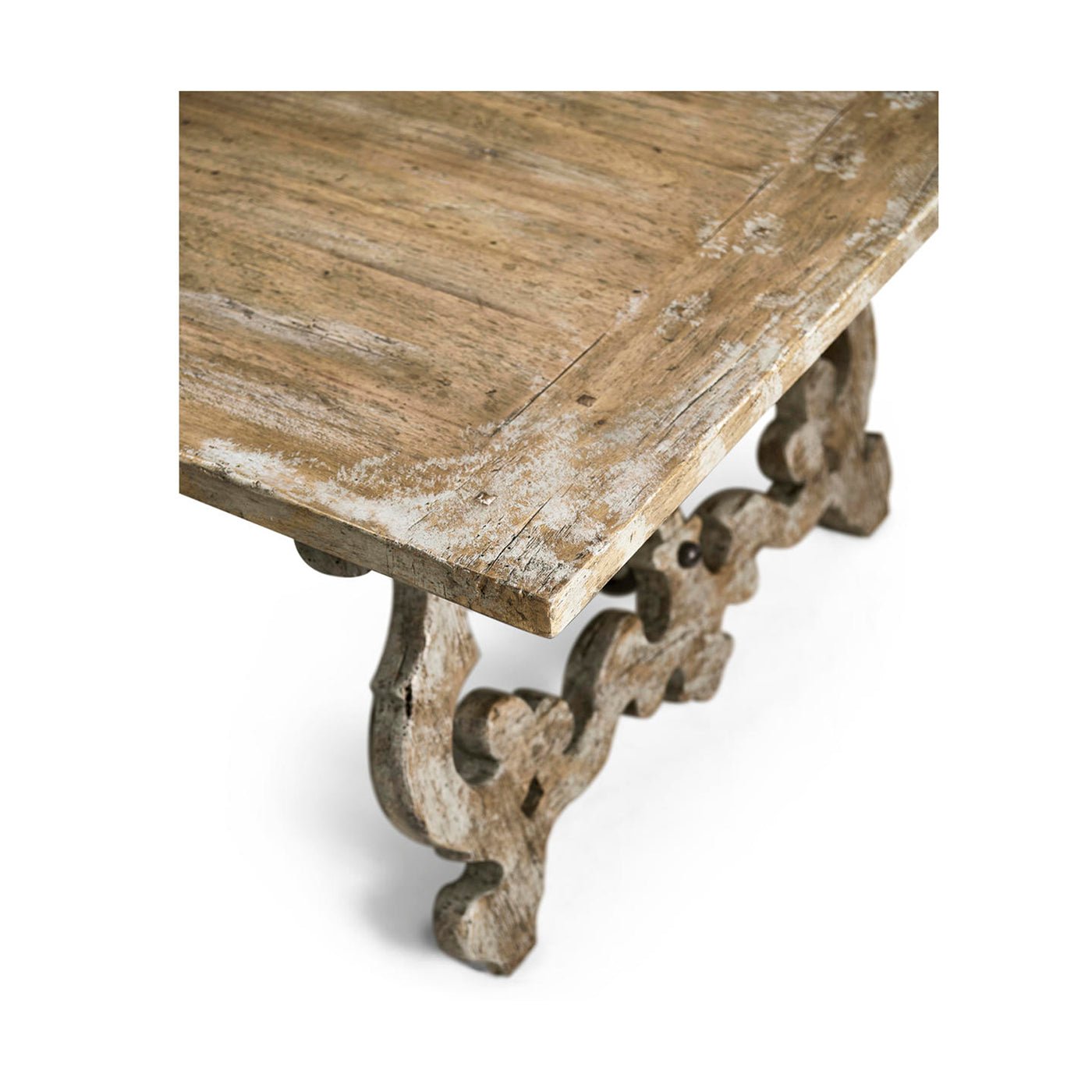 Close-up of corner and leg detail on oak table.