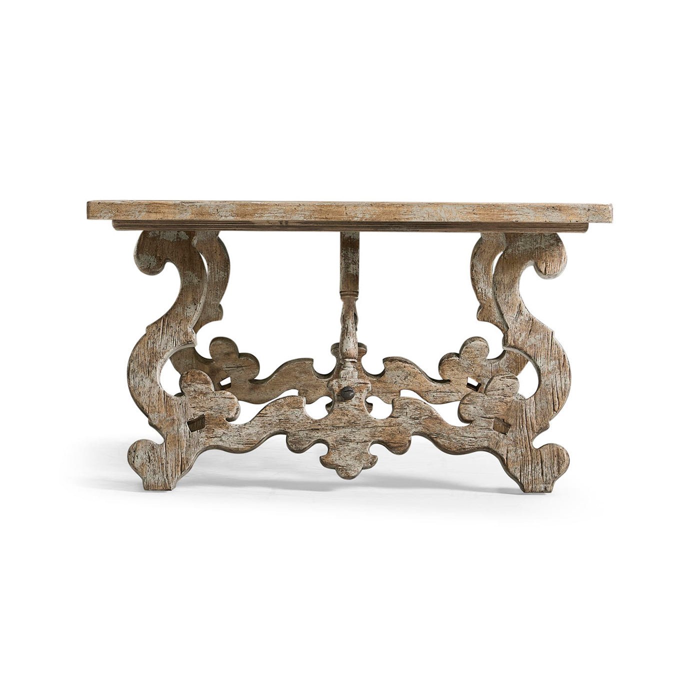 Side profile, decorative leg design on oak coffee table.
