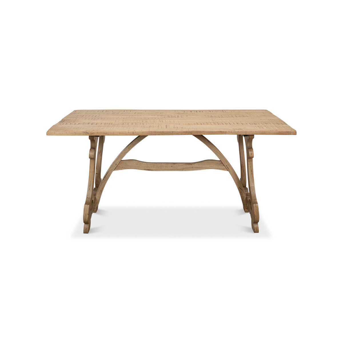 Front view of wooden dining table with curved supports.