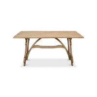 Front view of wooden dining table with curved supports.