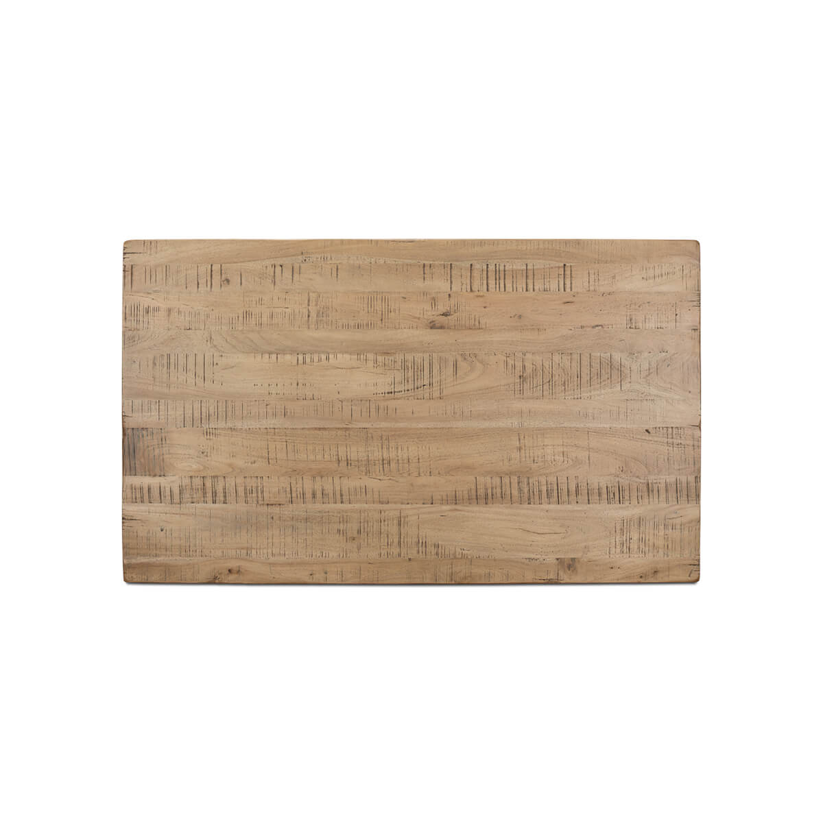 Top view showing dining table's textured wooden surface.