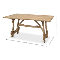 Dimensions indicated on wooden dining table, side view.