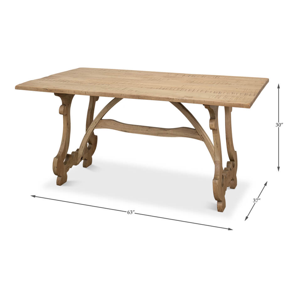 Dimensions indicated on wooden dining table, side view.