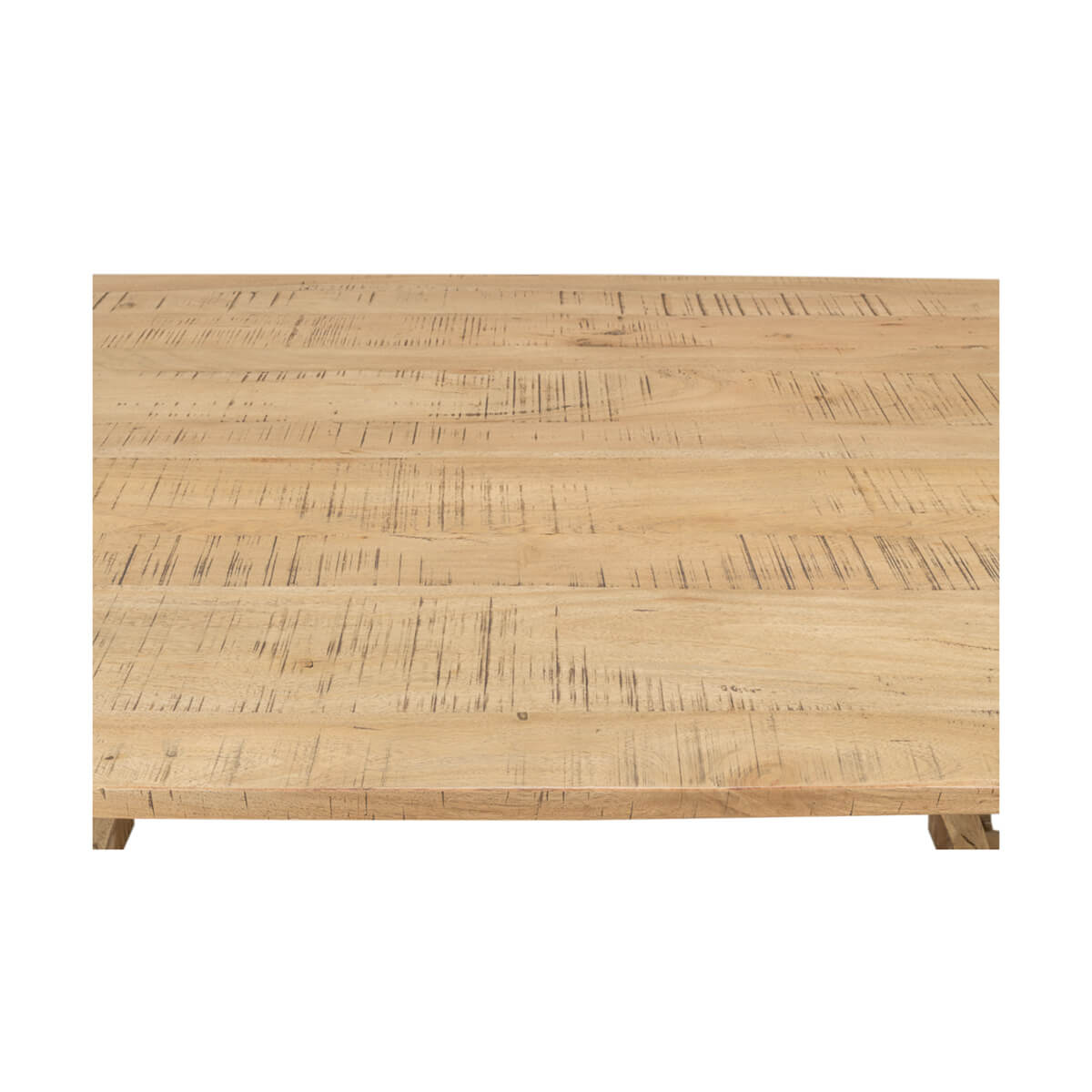 Dining table surface straight view highlighting wood pattern.