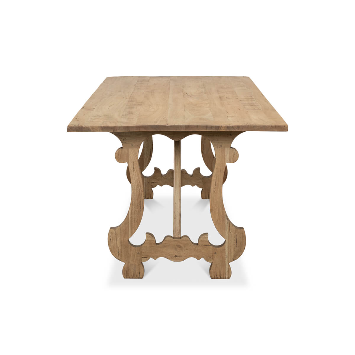 Side view of dining table showcasing decorative legs.