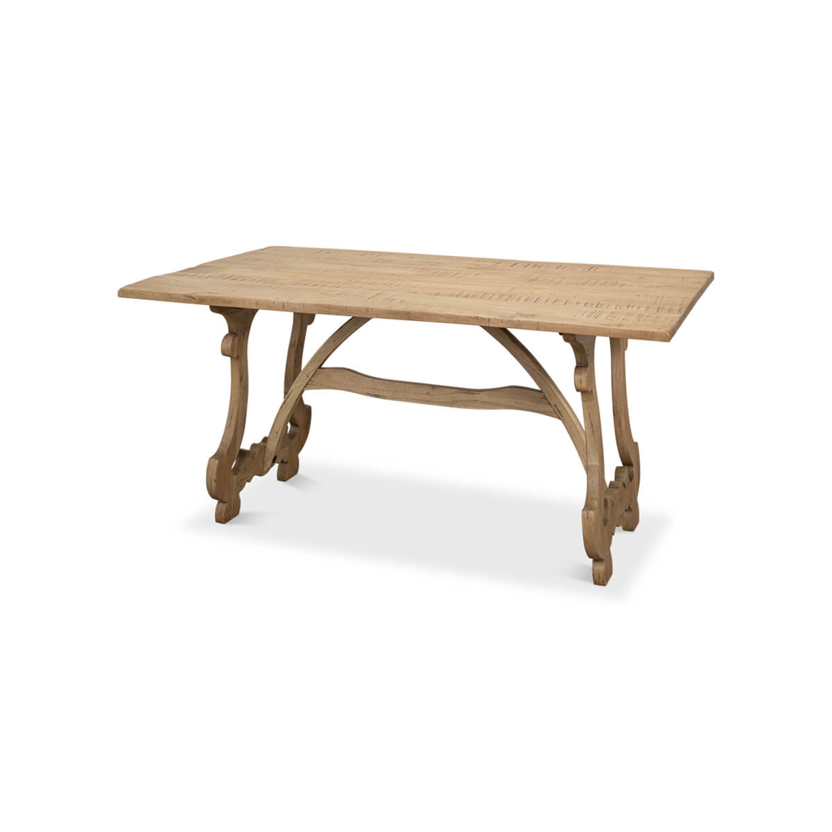 Wooden dining table angled view with ornate legs.