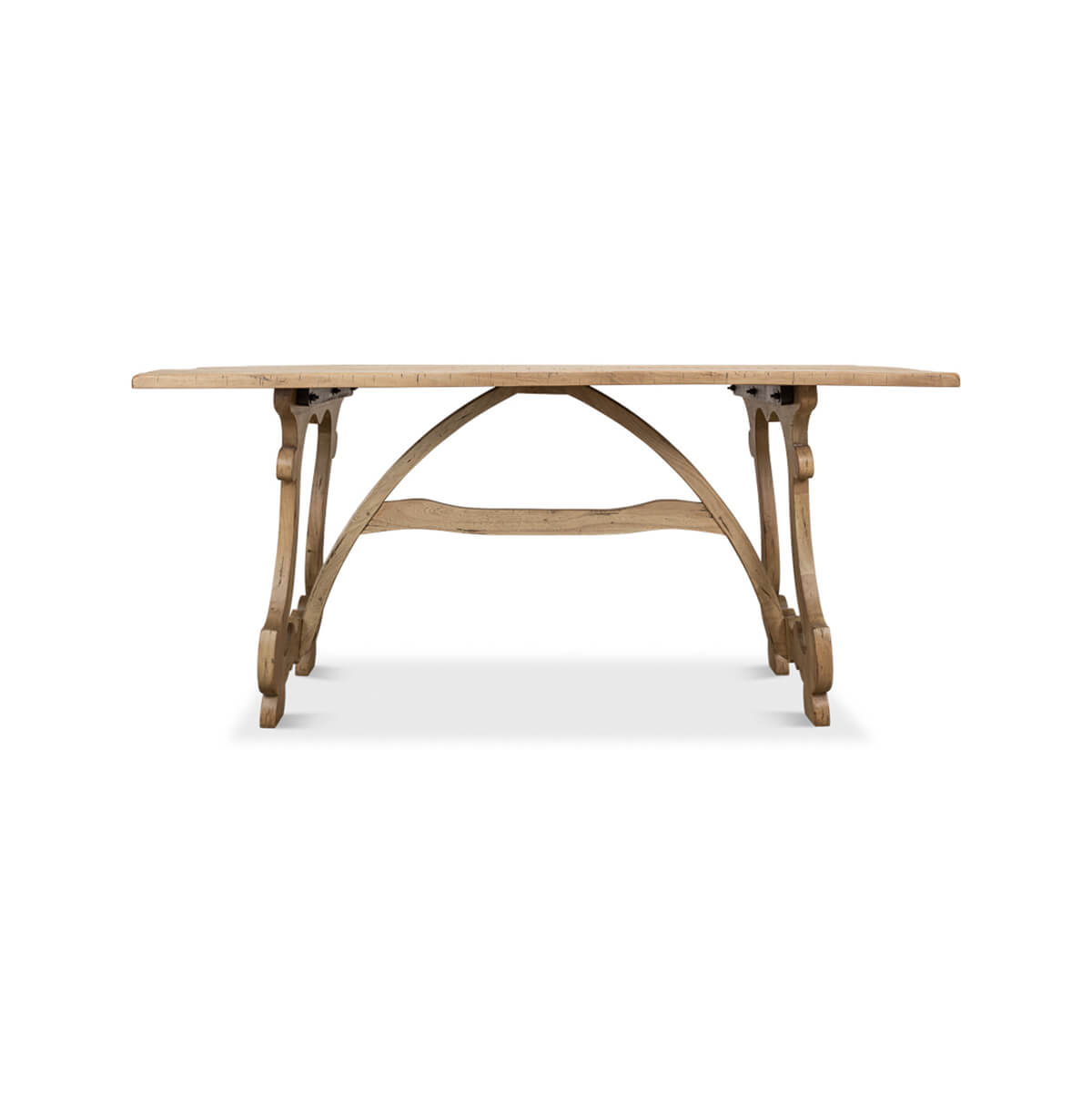 Profile view of dining table with arched supports.