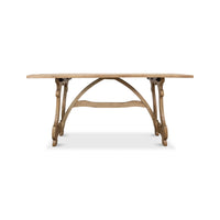 Profile view of dining table with arched supports.