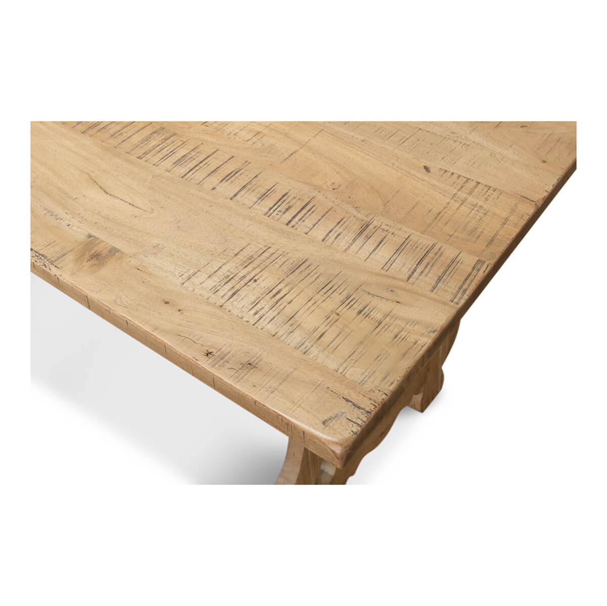 Dining table top angled close-up showing wood texture.