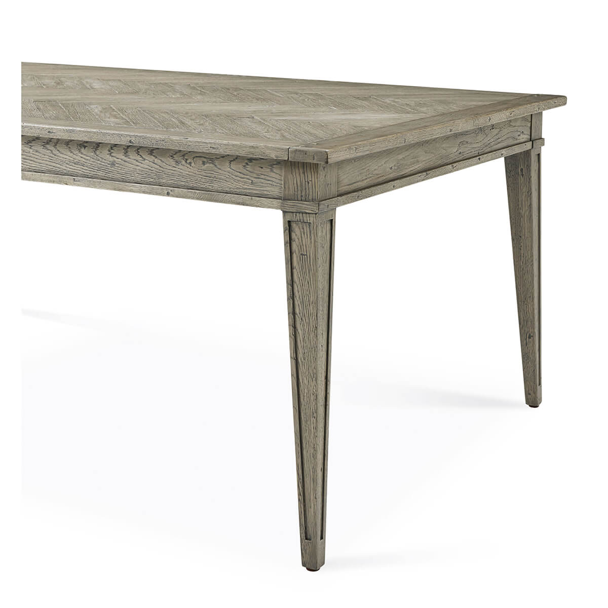 Close-up of dining table corner and leg detail.