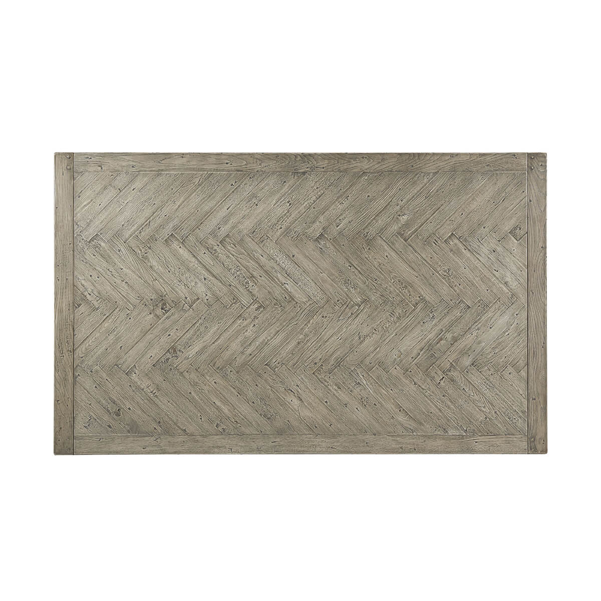 Top view of herringbone dining table surface.
