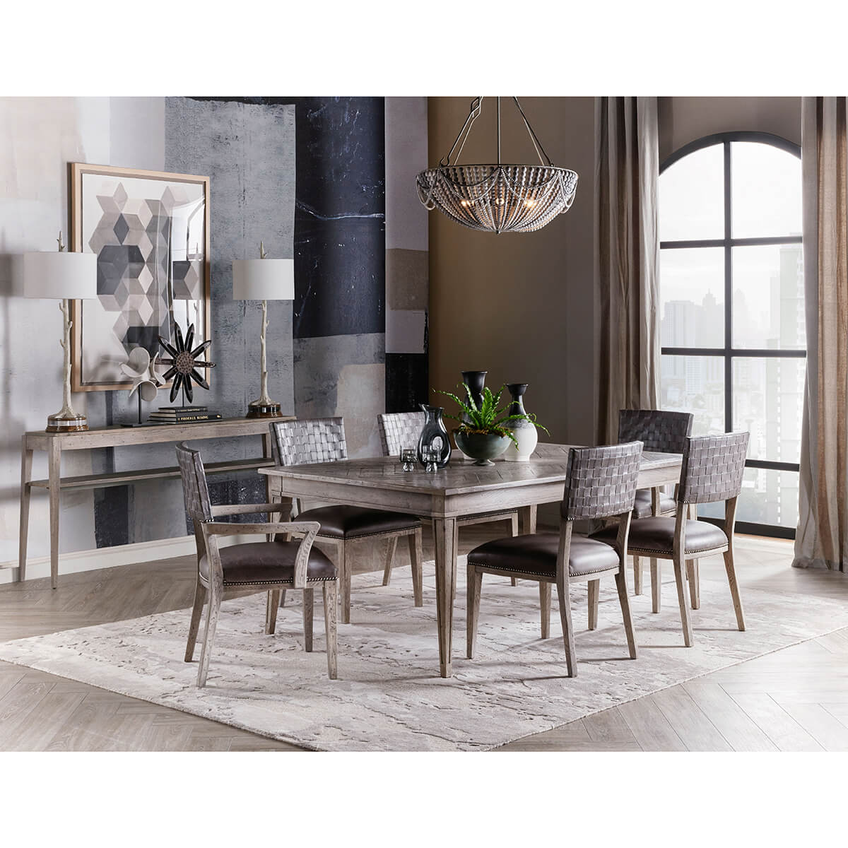 Dining room scene featuring grey oak dining table and chairs.