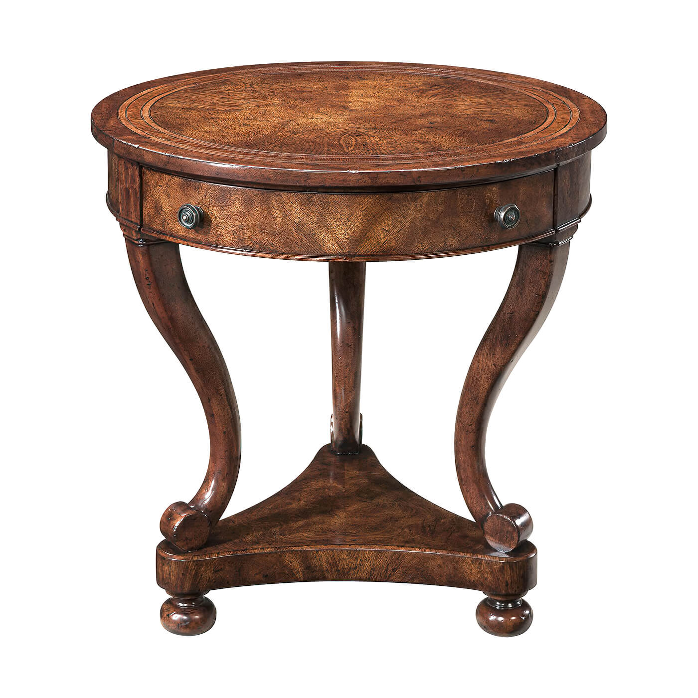 Front angle of wooden Italian lamp table with pedestal.