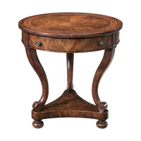 Front angle of wooden Italian lamp table with pedestal.