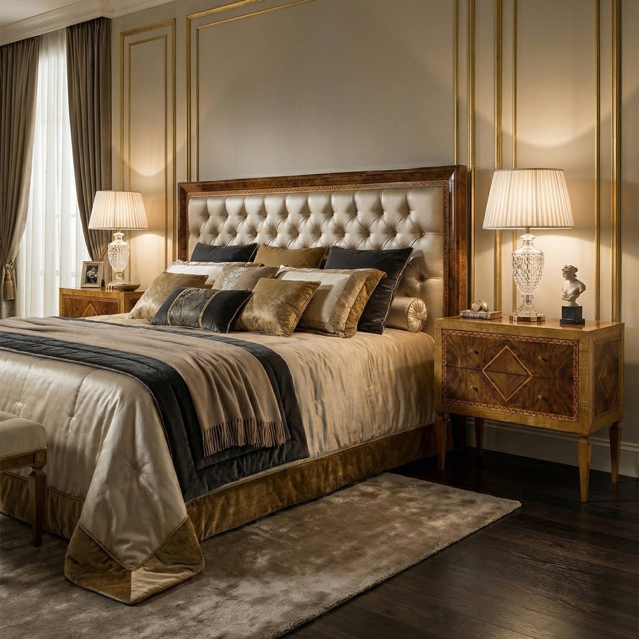Bedroom scene with two Italian Louis XVI nightstands beside bed.