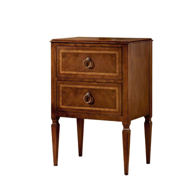 Italian walnut bedside chest front angled view.