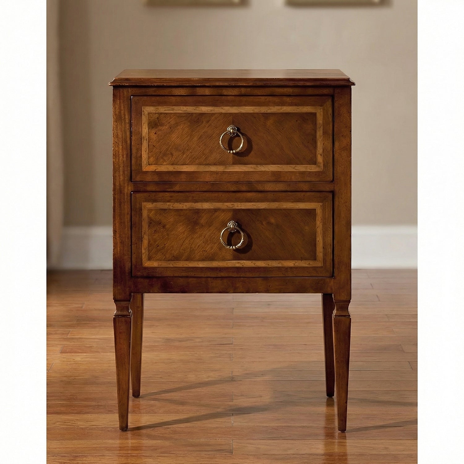 Italian walnut bedside chest front view.