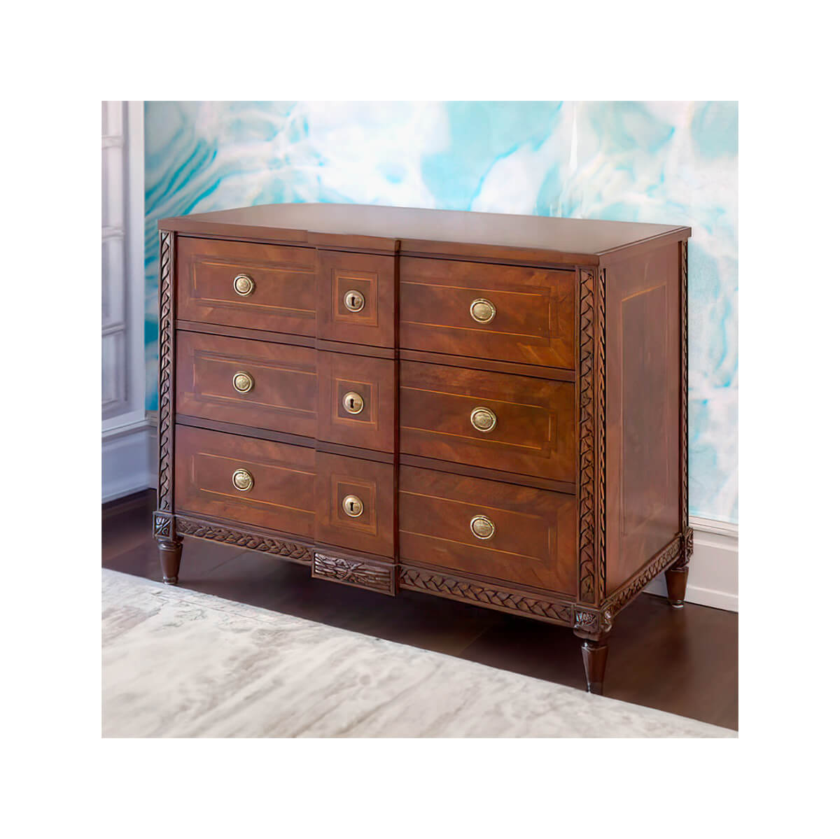 Italian walnut commode in room with blue accents.