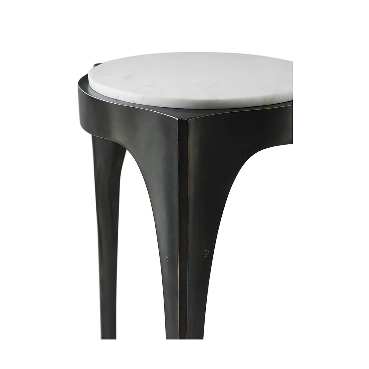 Close-up of the table's marble top and metal frame.
