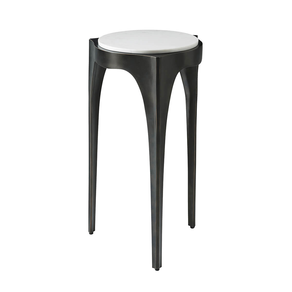Modernist accent table side view with three legs.