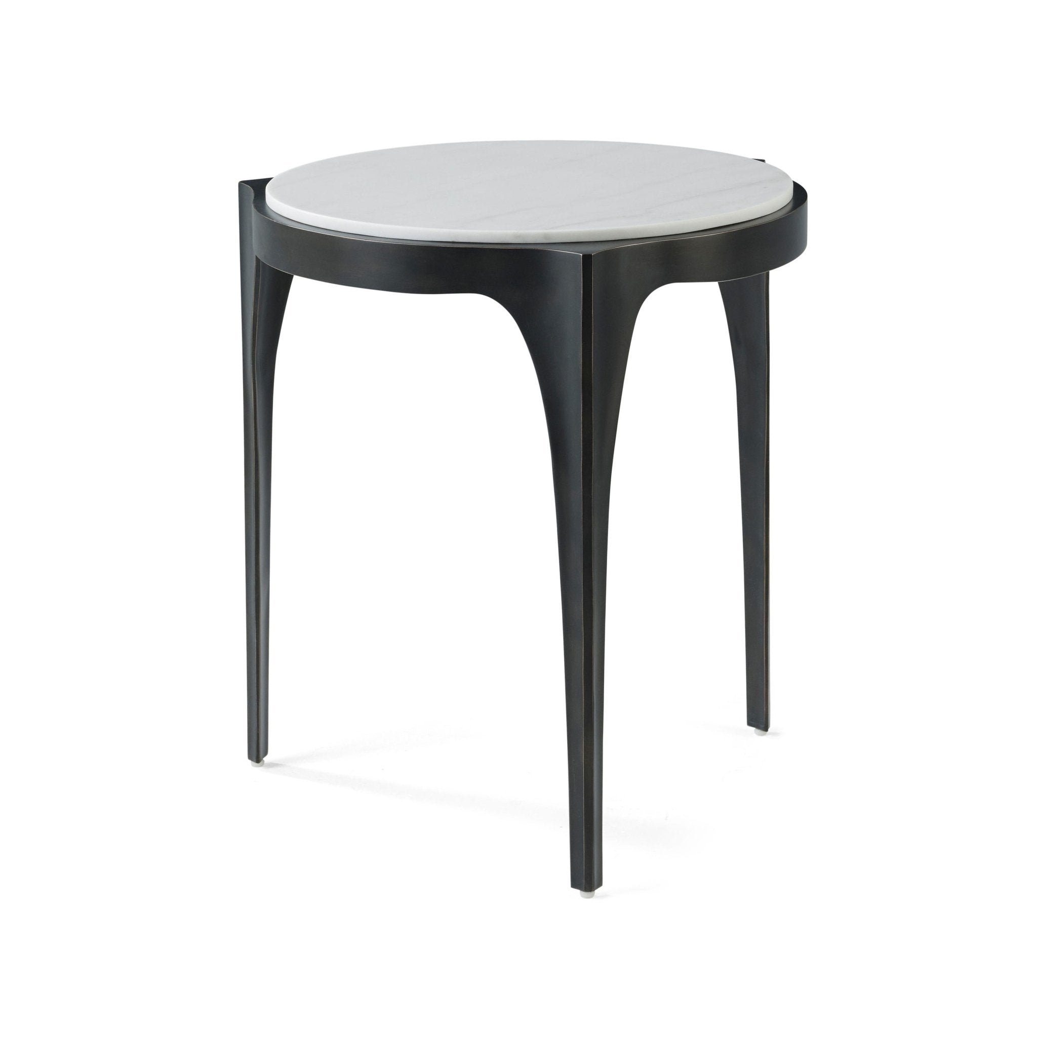 Sleek round side table with marble top, angled view.