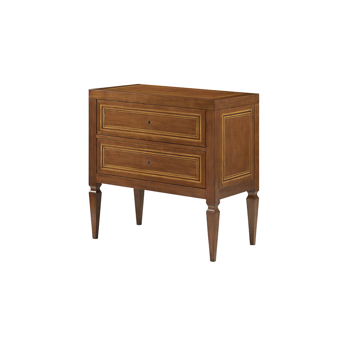 Wooden Italian Neo Classic bedside chest, two drawers, angled view.