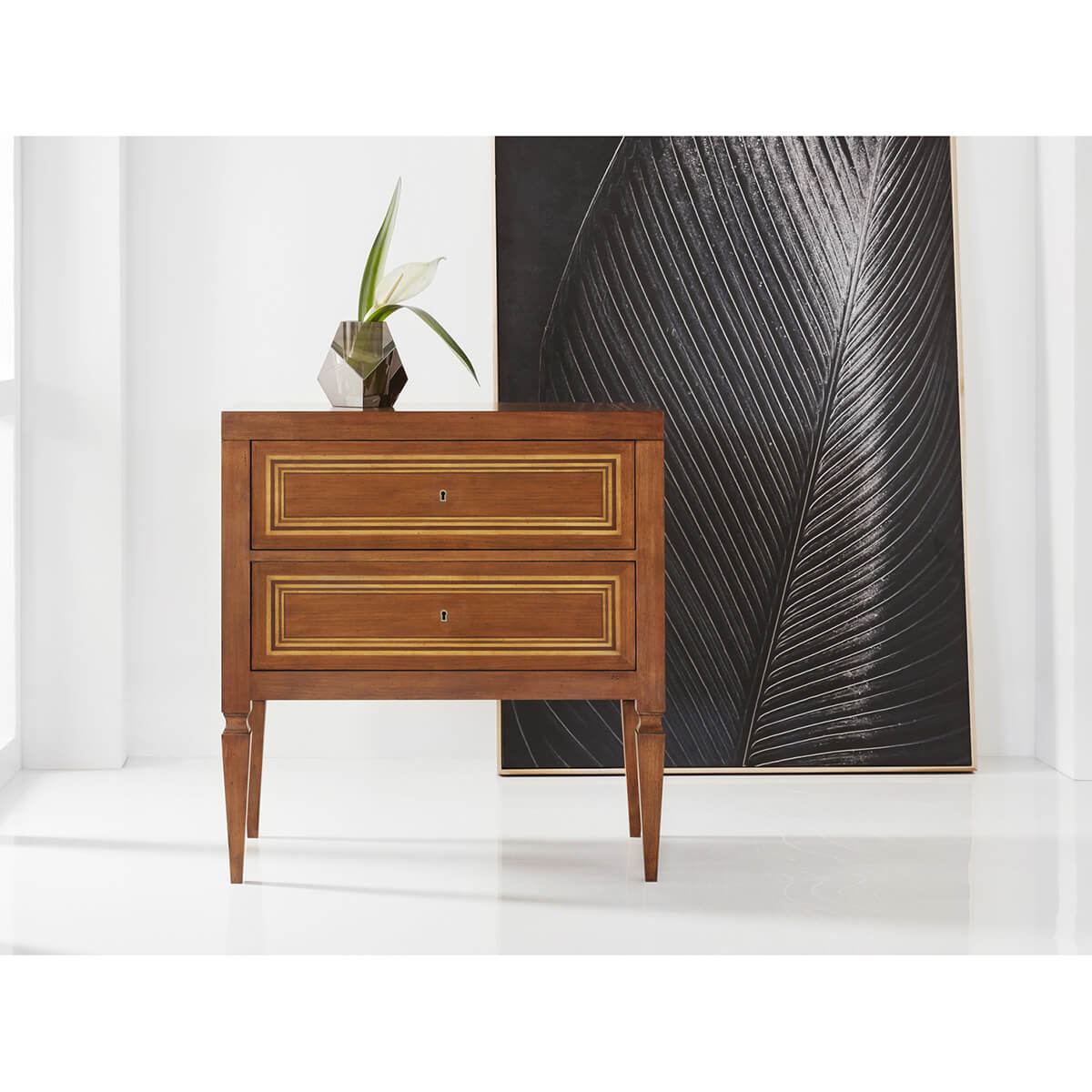 Italian Neo Classic bedside chest, styled in modern room setting.