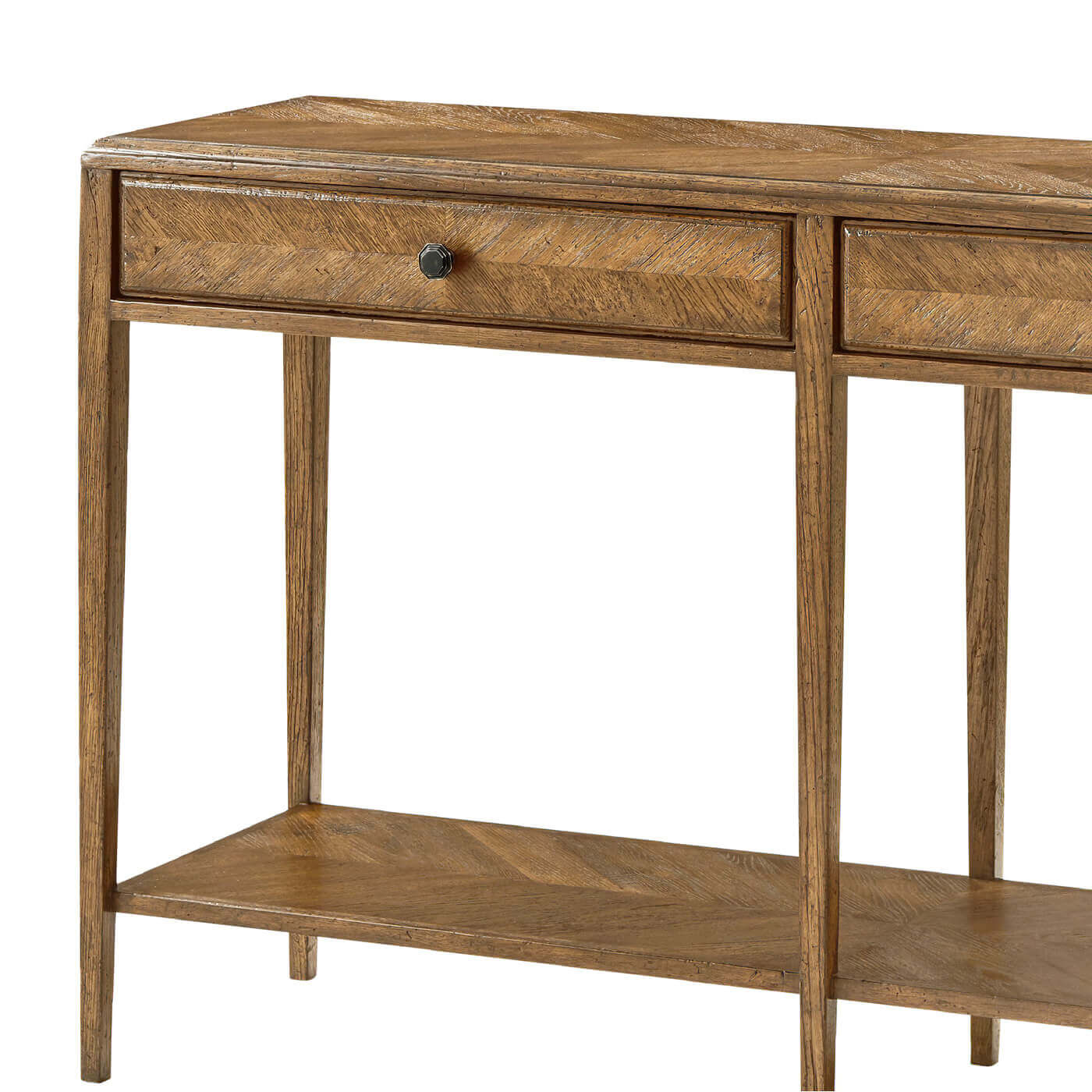 Close-up of oak console table drawer design.