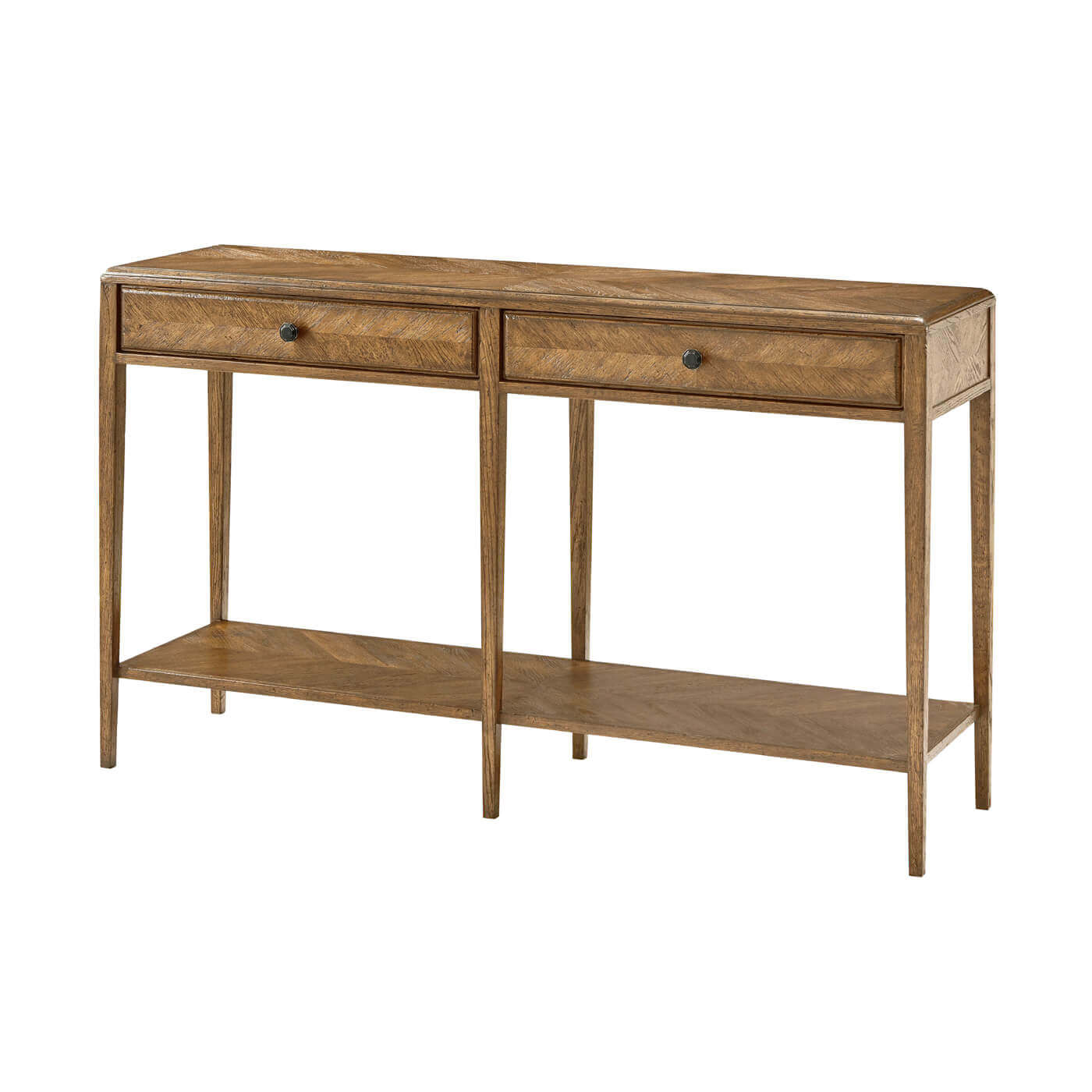 Light oak console table with drawers and shelf.