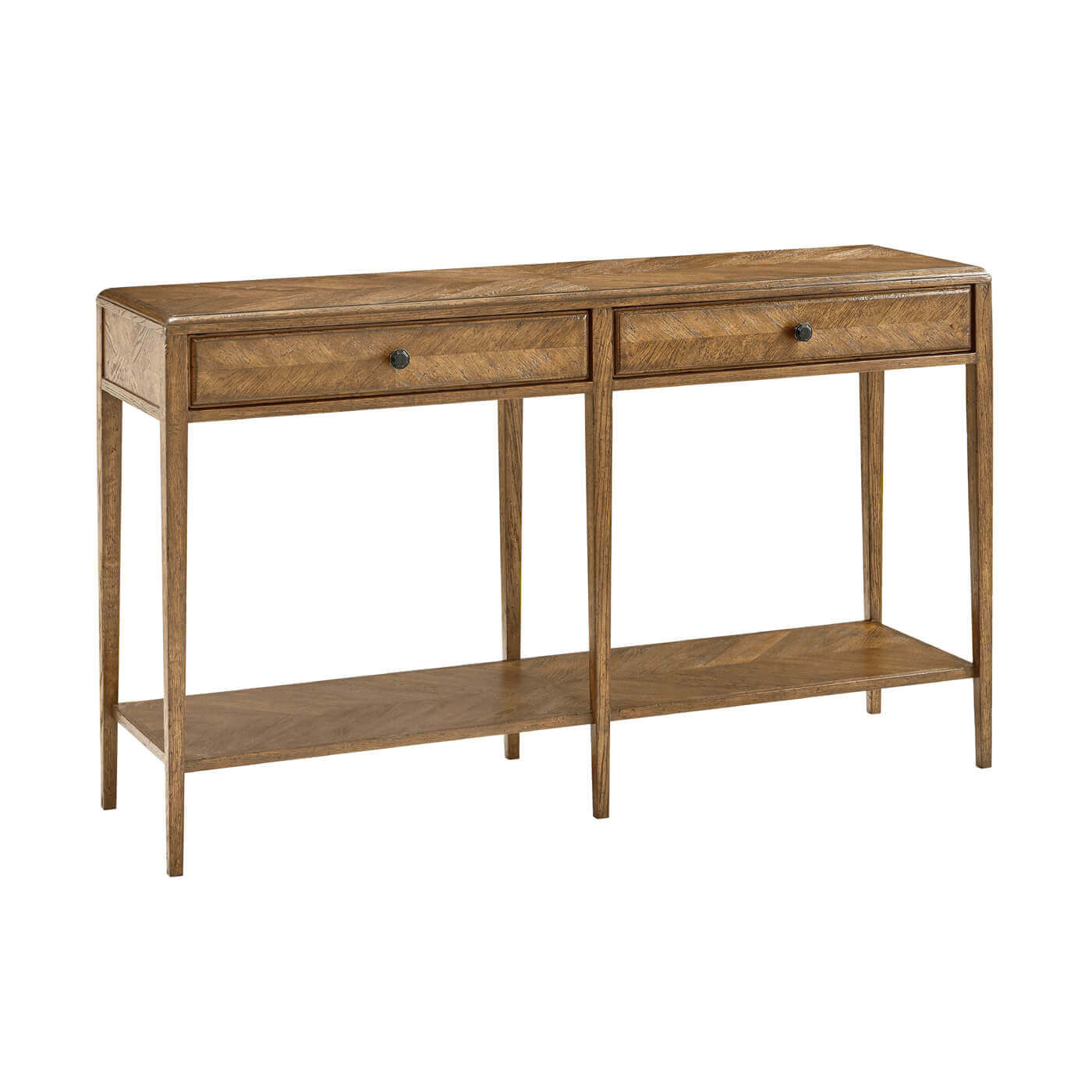 Light oak console table against white background.