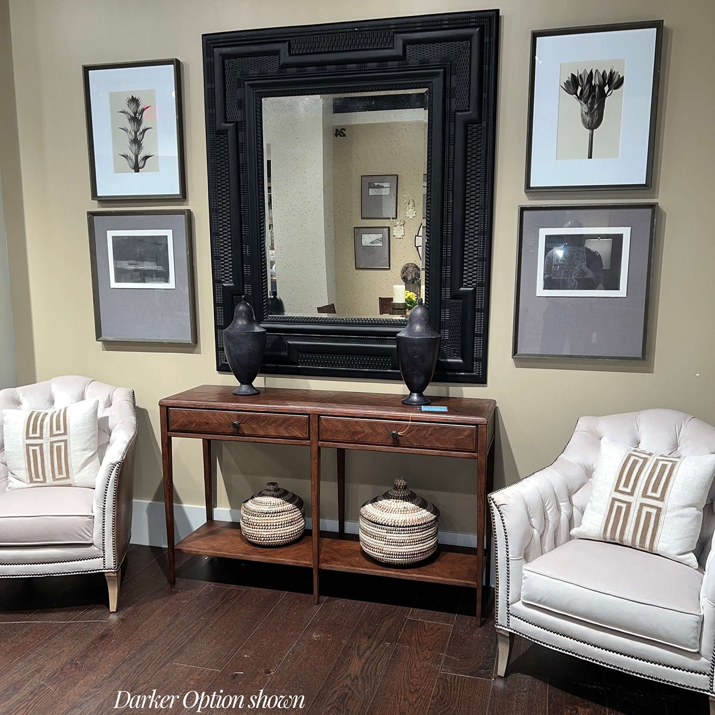Dark oak console table in elegant living room setting.