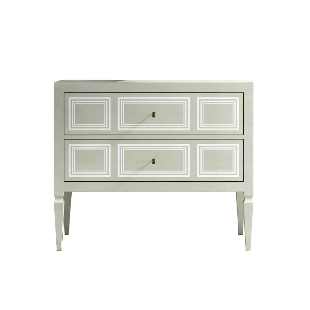 Light gray Italian Neo Classic commode, straight-on view.