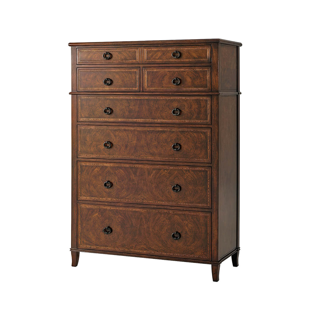 Front view of Italian Neo Classic tall dresser, drawers closed.