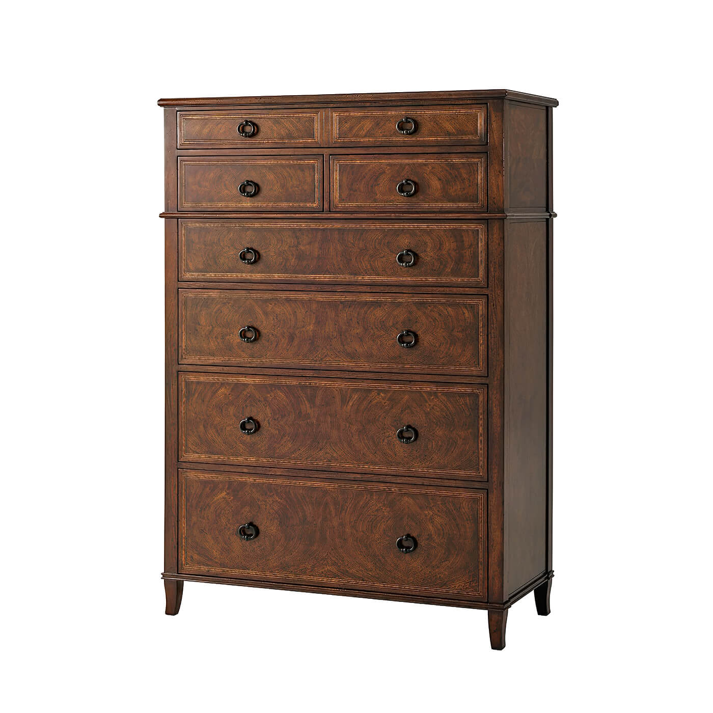 Front view of Italian Neo Classic tall dresser, drawers closed.