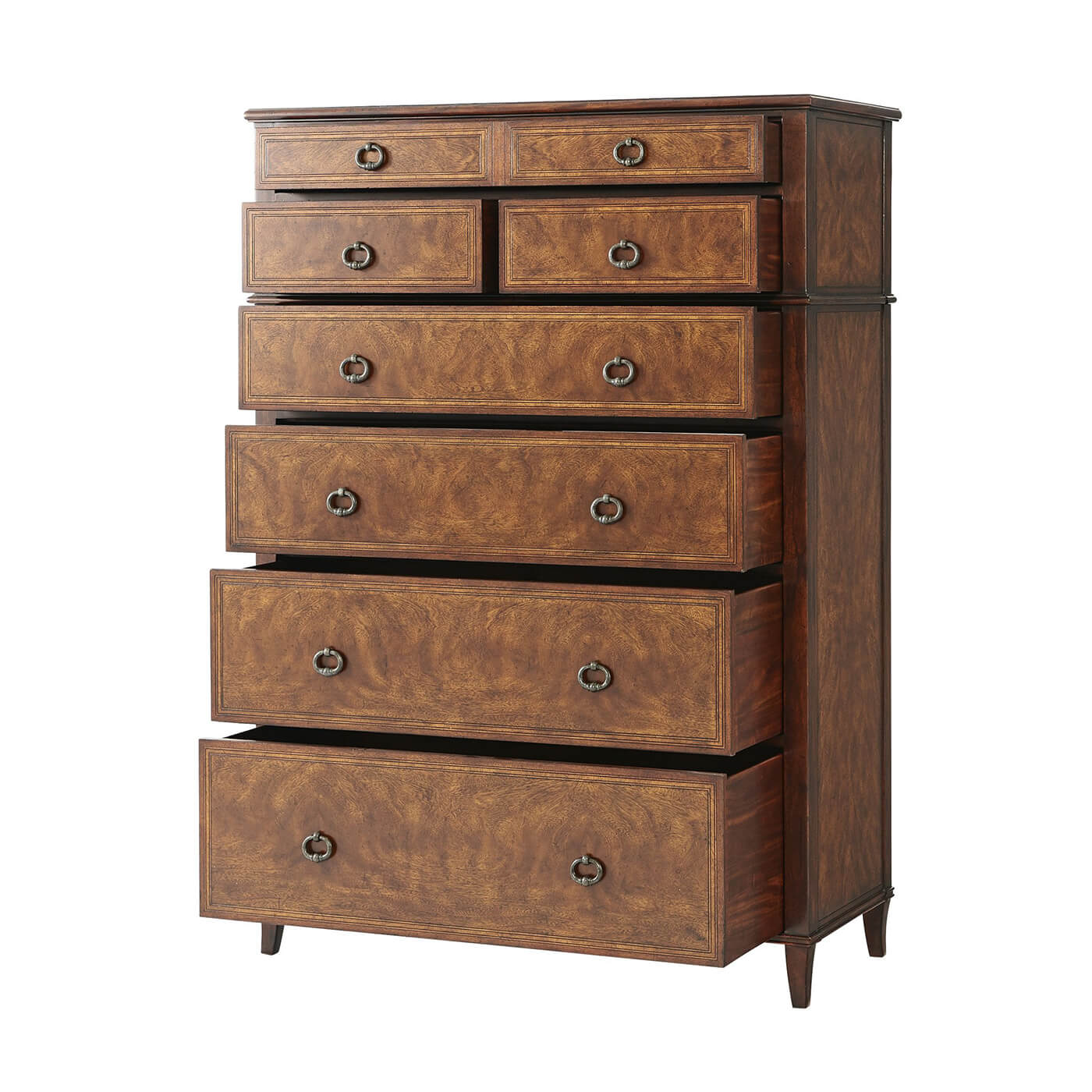 Italian Neo Classic tall dresser with open drawers.